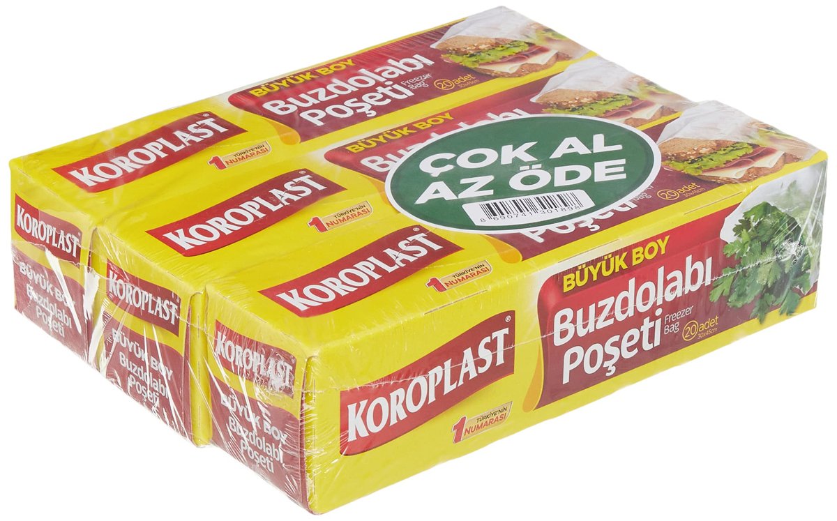 Koroplast 3'lü Çok Al Az Öde Ekonomik Paket Büyük Boy 60'lı Buzdolabı Poşeti, Sızdırmaz & BPA İçermez Gıda Saklama Torbası, Et, Tavuk, Balık, Sebze, Meyve, Çorba, Sos, Peynir, Kuruyemiş, Sandviç