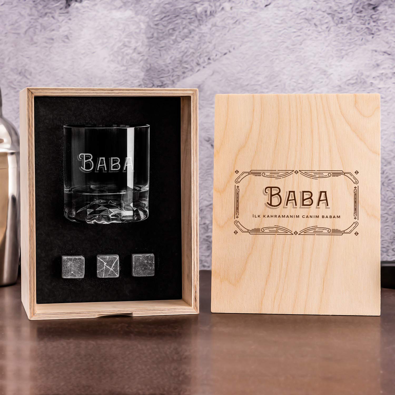 Babaya Hediye Özel Ahşap Kutulu Chicago Viski Kadeh Seti