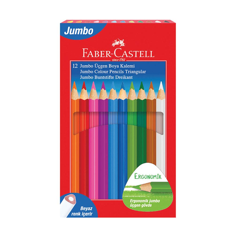 Faber-Castell Jumbo Üçgen Boya Kalemi, 12 Renk, Ergonomik Gövde, Beyaz Renk İçerir, Kalın Uçlu, Canlı ve Örtücü Renkler