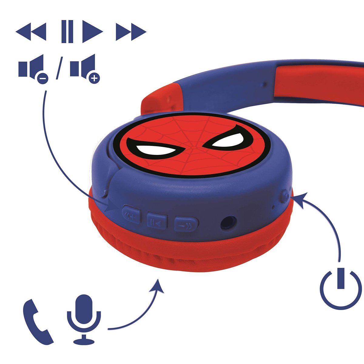 Lexibook Spiderman 2-in-1 Bluetooth Stereo Kids Headset, Kablosuz, Kablolu, Limited Sound, Foldable, Ayarlanabilir, Girl/Boy, Red/Blue, HPBT010SP