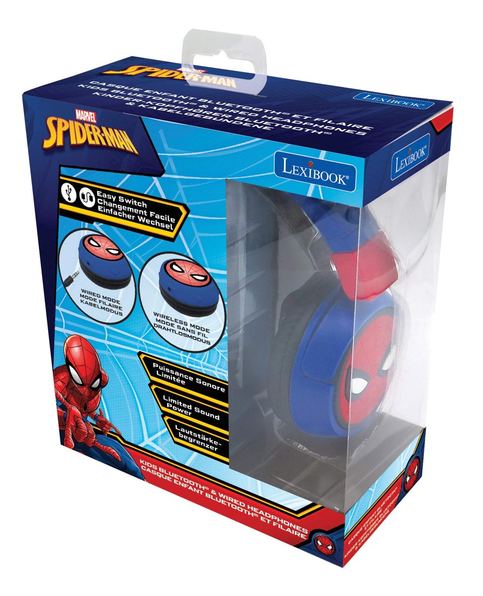 Lexibook Spiderman 2-in-1 Bluetooth Stereo Kids Headset, Kablosuz, Kablolu, Limited Sound, Foldable, Ayarlanabilir, Girl/Boy, Red/Blue, HPBT010SP