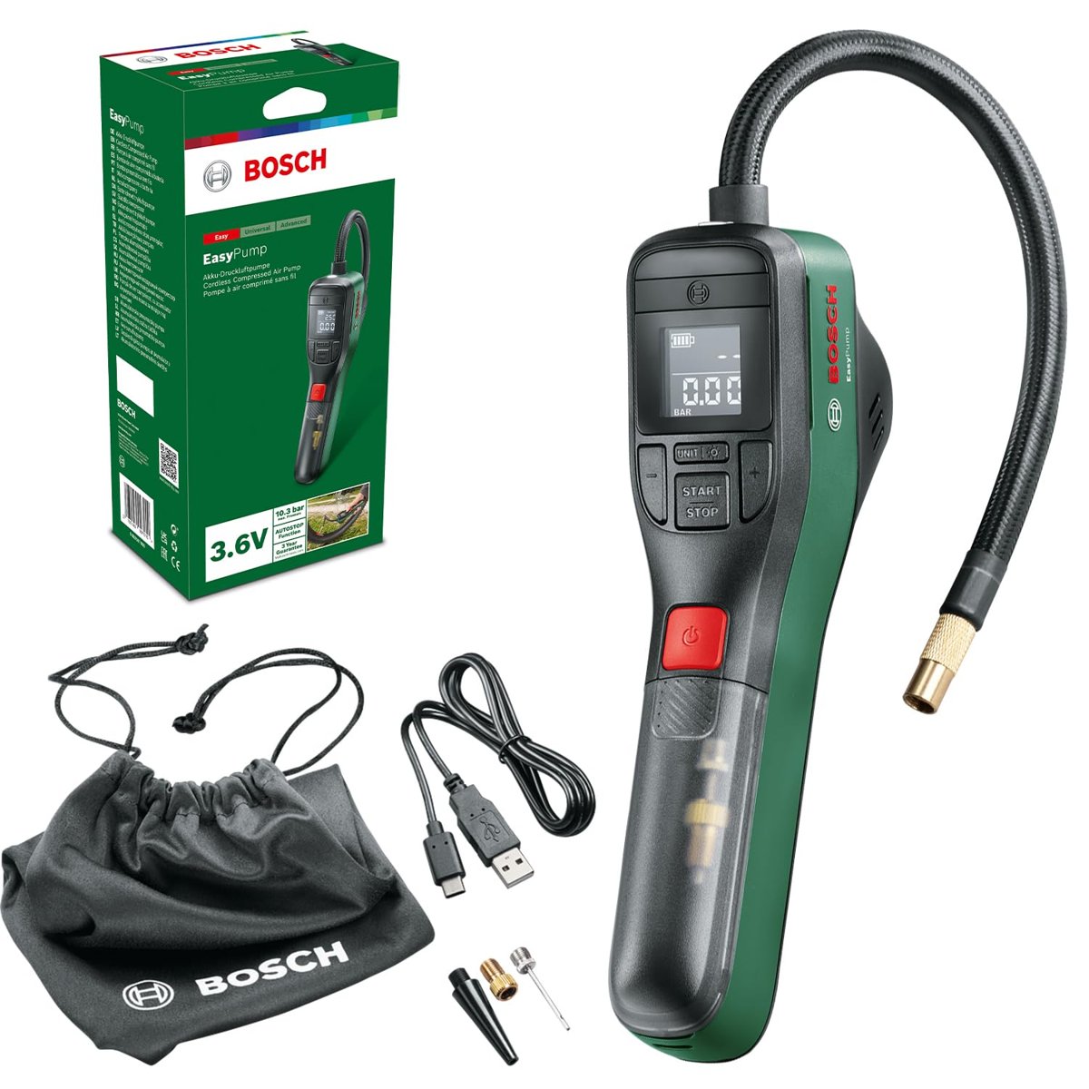 Bosch Home and Garden Easypump Elektrikli Hava Pompası Mini Kompresör, 3.0 Ah Akü, 3.6 V, Otomatik Durdurma Fonksiyonu, 150 Psi, 10.3 Bar, Led, Usb-C Şarj, Yeşil