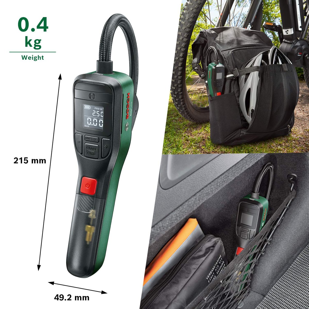 Bosch Home and Garden Easypump Elektrikli Hava Pompası Mini Kompresör, 3.0 Ah Akü, 3.6 V, Otomatik Durdurma Fonksiyonu, 150 Psi, 10.3 Bar, Led, Usb-C Şarj, Yeşil