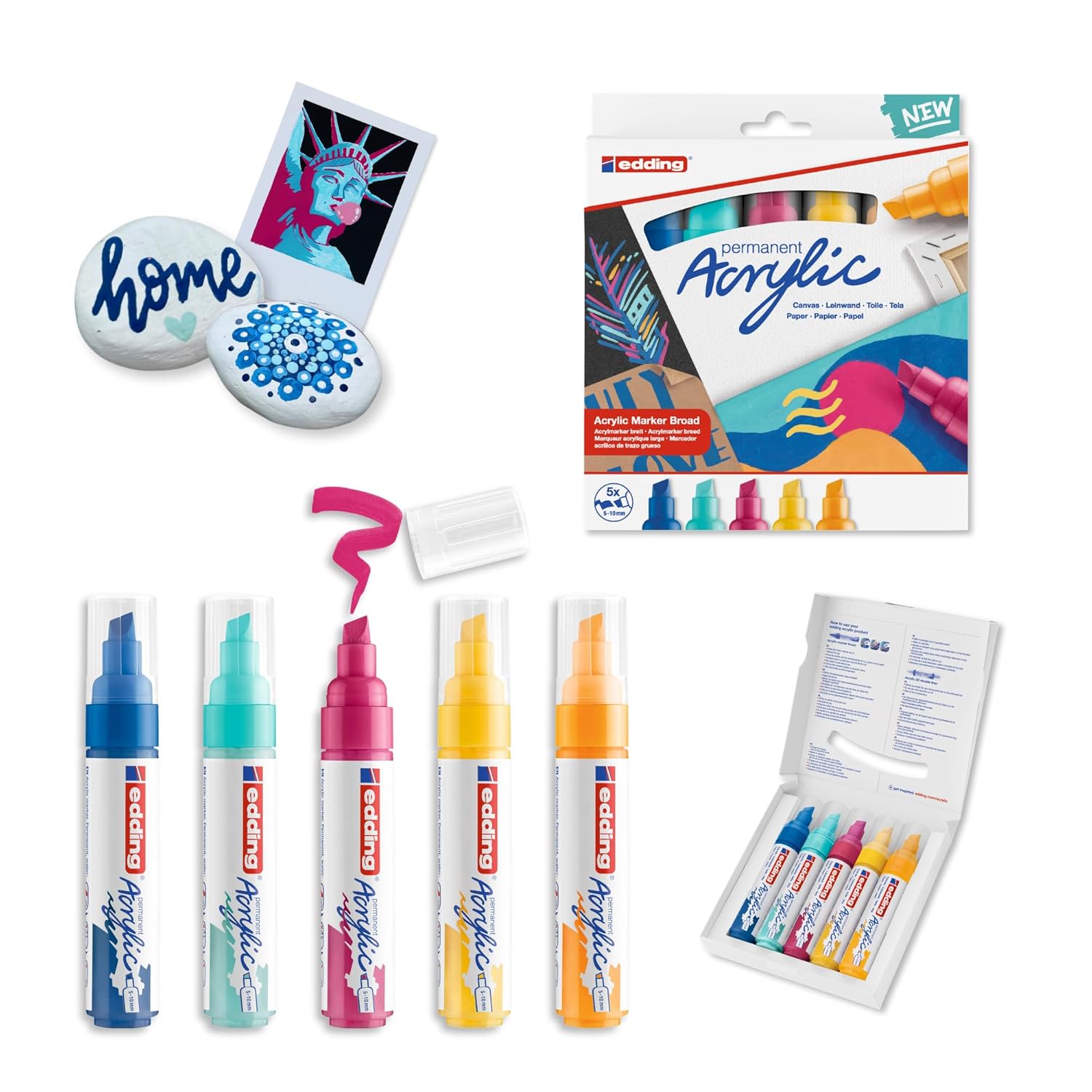 Edding 5000 akrilik işaretleyici geniş - çok renkli - akrilik boya işaretleyicileri 5'li paket (soyut) - 5-10 mm keski ucu - tuval üzerine boyama için akrilik işaretleyici, ahşap