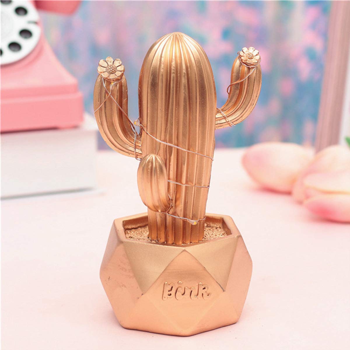 Buffer Led Işıklı Sevimli Kaktüs Dekoratif Masa Lambası Mini Biblo Gece Lambası-GOLD