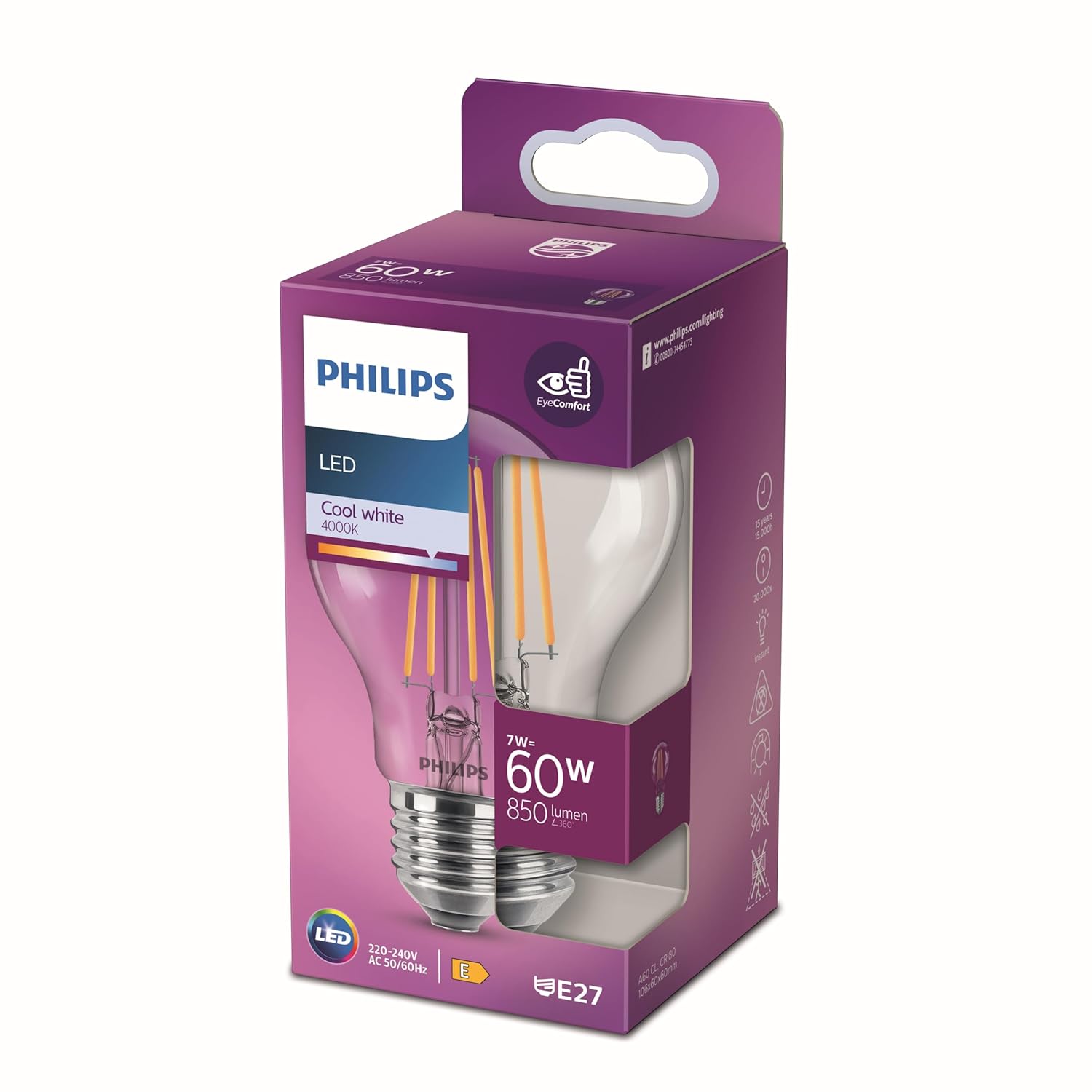 Philips LED Classic 60W A60 Filament Ampul, 4000K Gün Işığı, E27 Normal Duy, Dim Edilmez