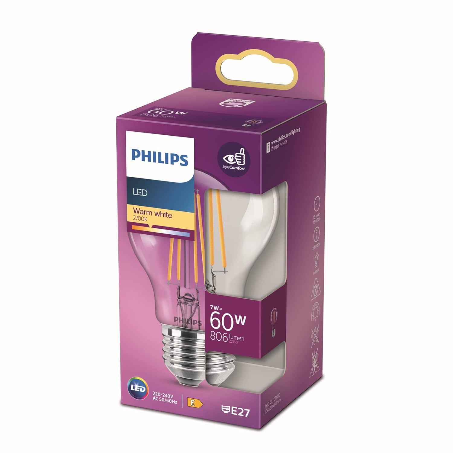 Philips LED Classic 60W A60 E27 Non-Dim 2700K Sarı Işık LED Filament Ampul