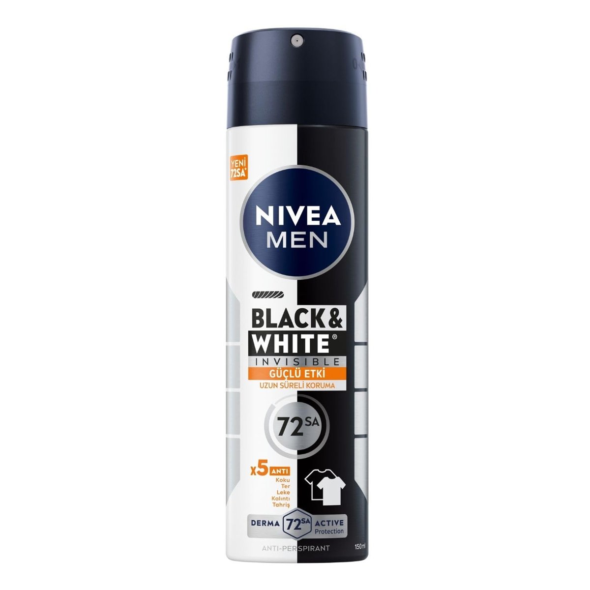 NIVEA MEN Erkek Sprey Deodorant Black&White Invisible Güçlü Etki 150 ml, 72Saat Anti Perspirant Terleme ve Ter Kokusuna Karşı Koruma,Kıyafetlerde Leke Karşıtı