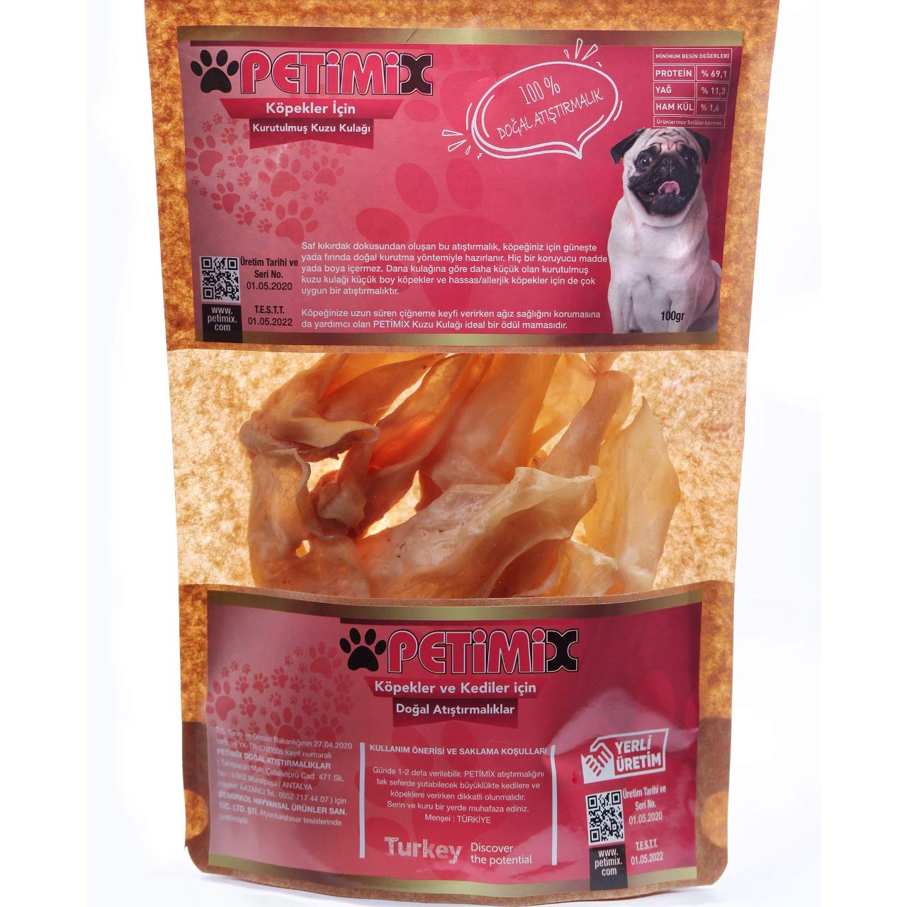 Kuzu Kulakları Çiğneme Kemikleri Köpek Ödül Maması 100g