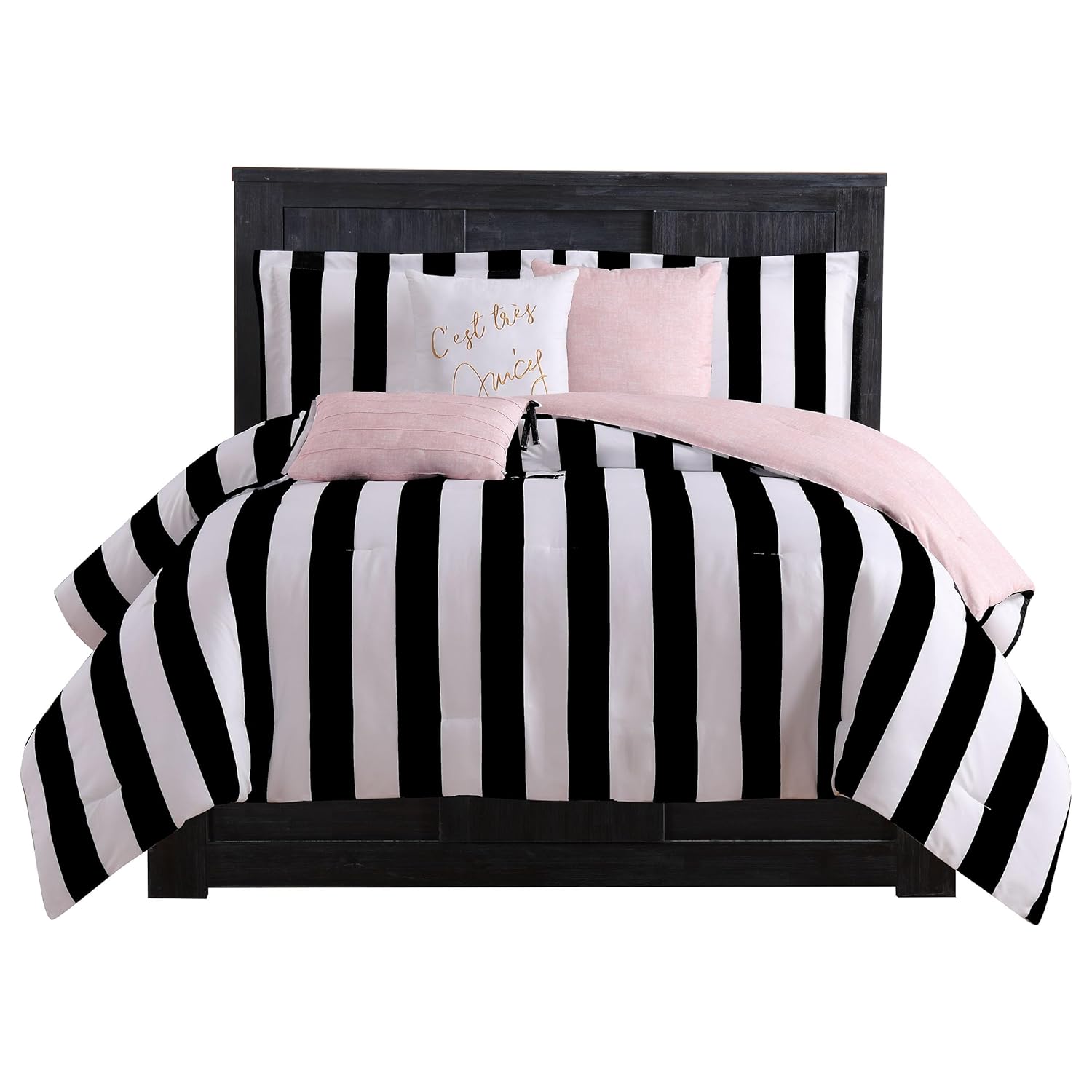 Juicy Couture JYZ010171 Cabana Çizgili 6 Parça Ters Çevrilebilir Set, King, Canaba Çizgili Siyah