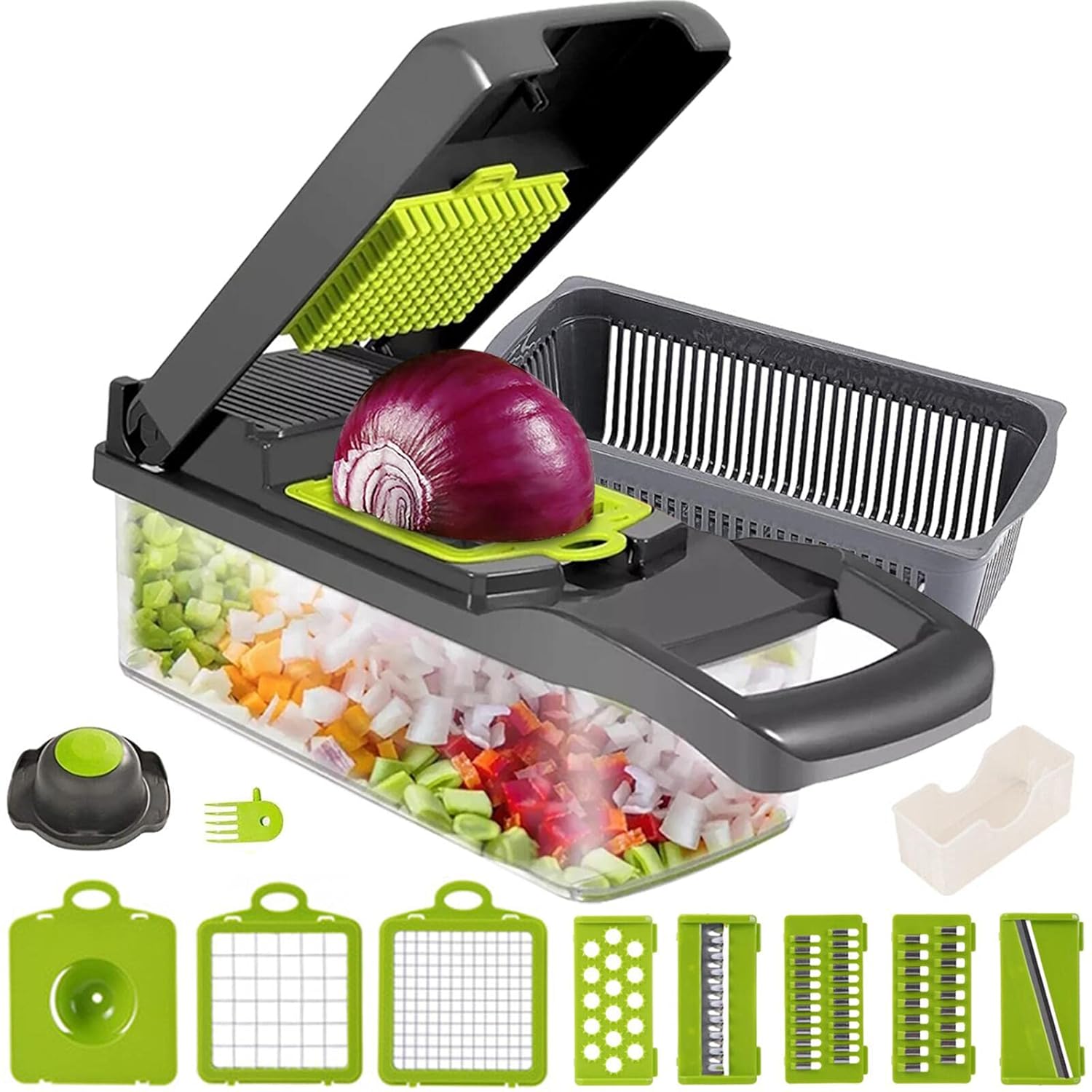 Plartree Sebze kesici, 13'ü 1 arada profesyonel çok fonksiyonlu sebze dilimleyici mandolin, kesme için 7 farklı bıçak, ızgara paslanmaz çelik bıçak, temizlenmesi kolay
