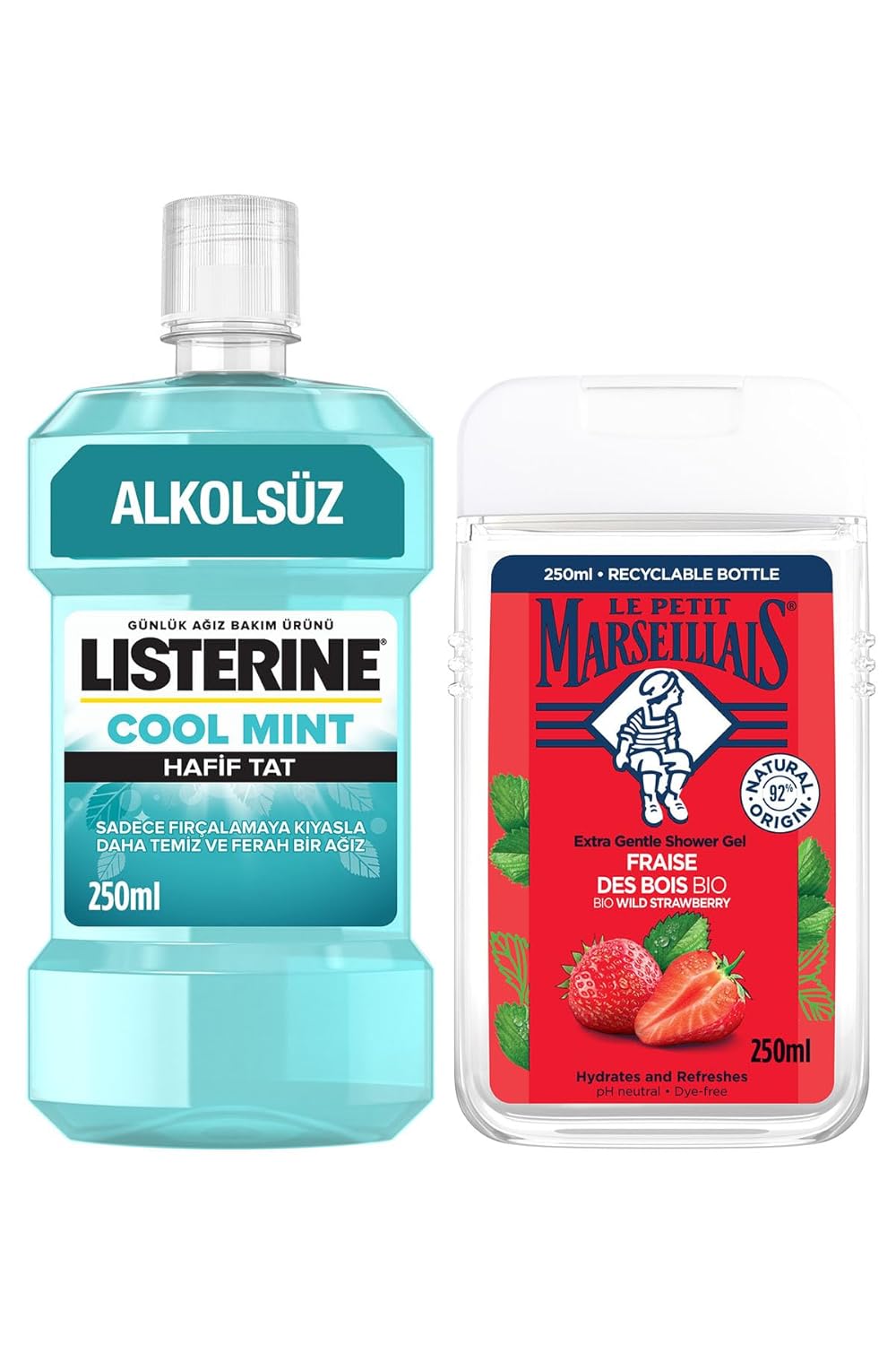 Le Petit Marseillais Duş Jeli Akdeniz Çileği 250 ml + Listerine Cool Mint Ağız Bakım Suyu Hafif Tat 250 ml