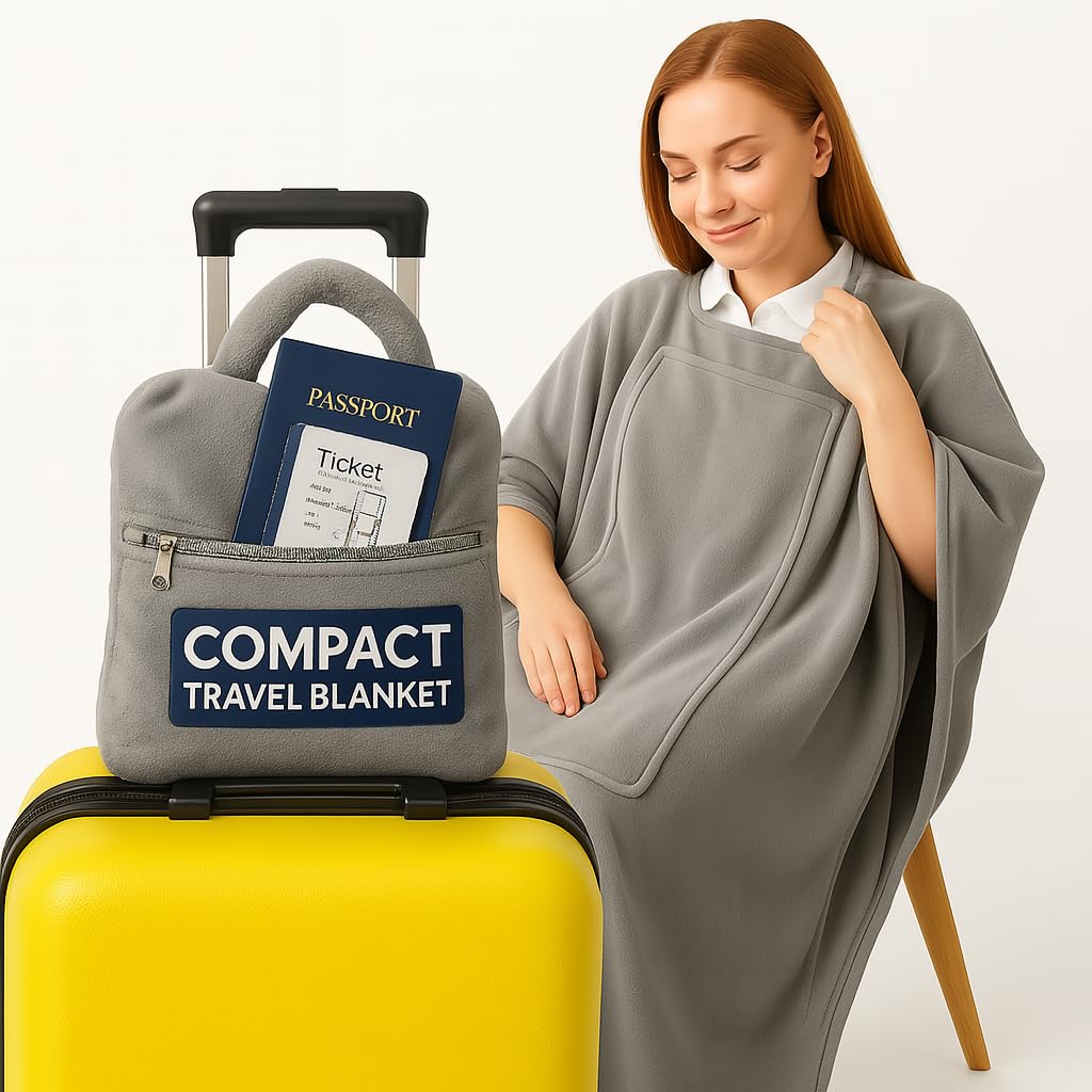 Flexicomfort Seyahat Battaniyesi - Giyilebilir Kompakt Uçak Battaniyesi - Saklama için Çift Fermuarlı Cepler - Seyahat, Araba için Yumuşak, Hafif, Paketlenebilir ve Rahat Battaniye - Taşıması ve