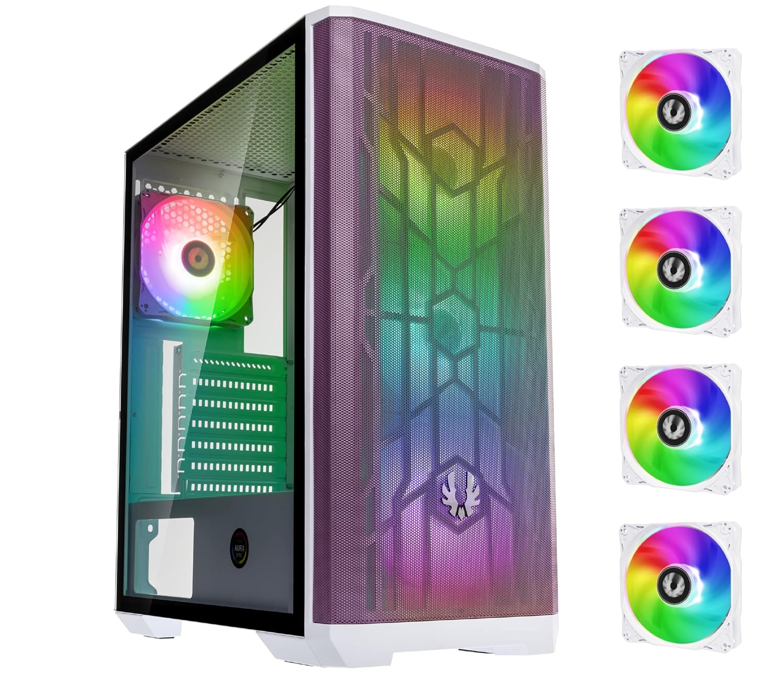 BITFENIX Nova Mesh Se Tg PC kasası, oyun bilgisayarı kulesi, 4 yüklü ARGB fan, ARGB denetleyici, ön file, sertleştirilmiş cam, beyaz/lila