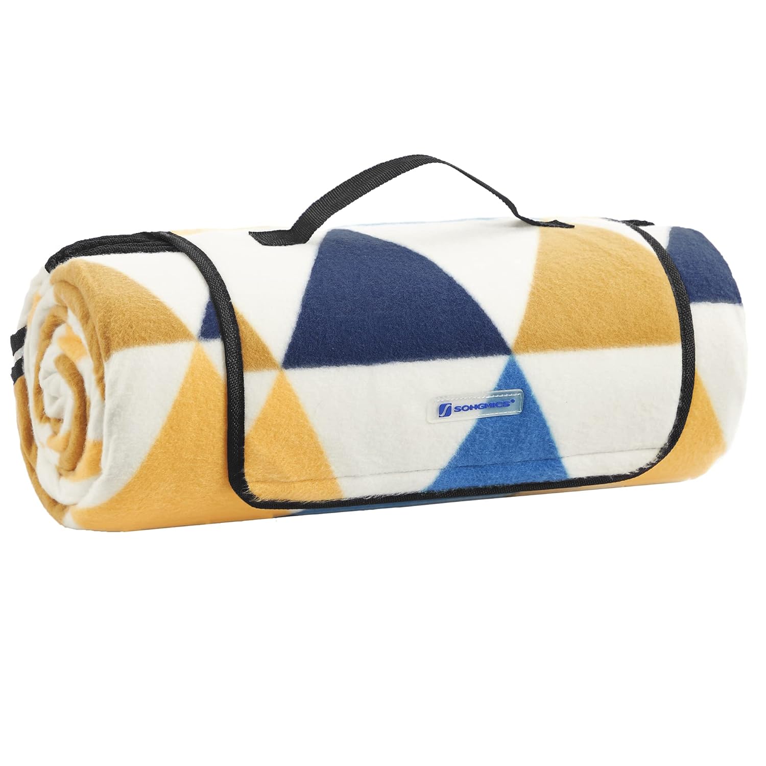 SONGMICS Piknik örtüsü, 300 x 200 cm, büyük, kamp örtüsü, park, bahçe, plaj için, su geçirmez, makinede yıkanabilir, katlanabilir, sarı ve mavi üçgenler GCM073Q01