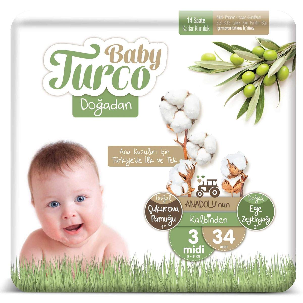 Baby Turco Doğadan 3 Beden Midi Bebek Bezi (1 x 34 Adet)