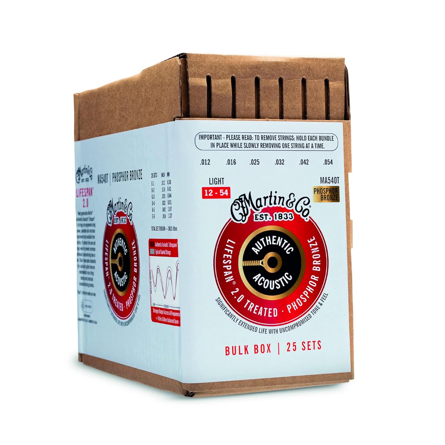 Martin Otantik işlenmiş, hafif, 92/8, 25 set büyük paket, açık 12-54, 92/8, HT Phos bronz (25 set), 41BULKBOXMA540T