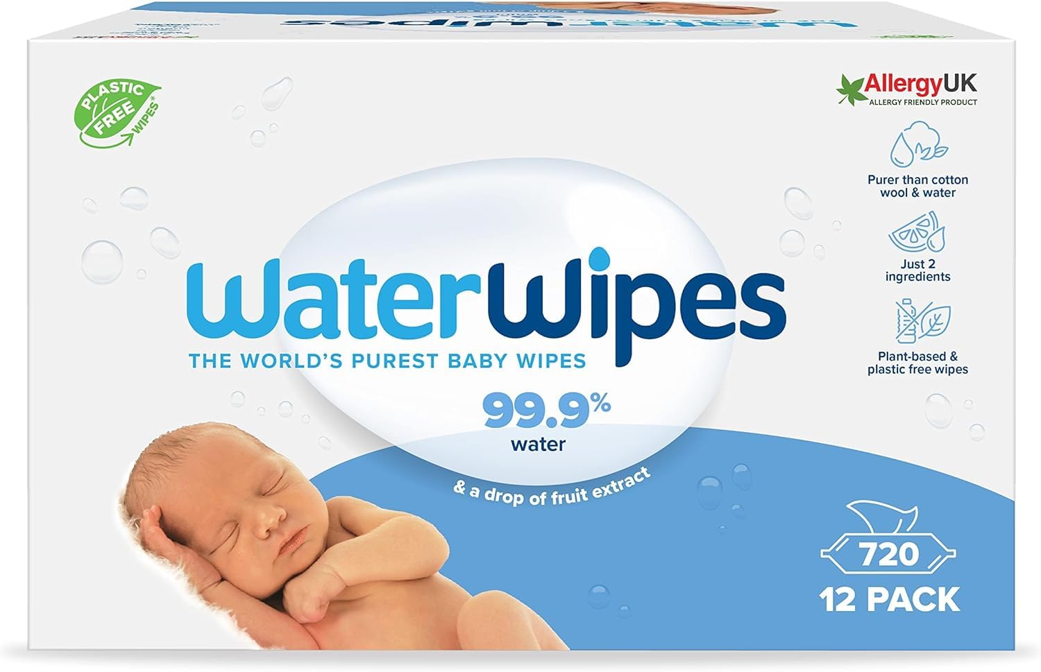 WaterWipes Yeni Doğan & Hassas Ciltler için 720 Yaprak Bebek Islak Mendili (12 x 60 Adet), Bitki Tabanlı