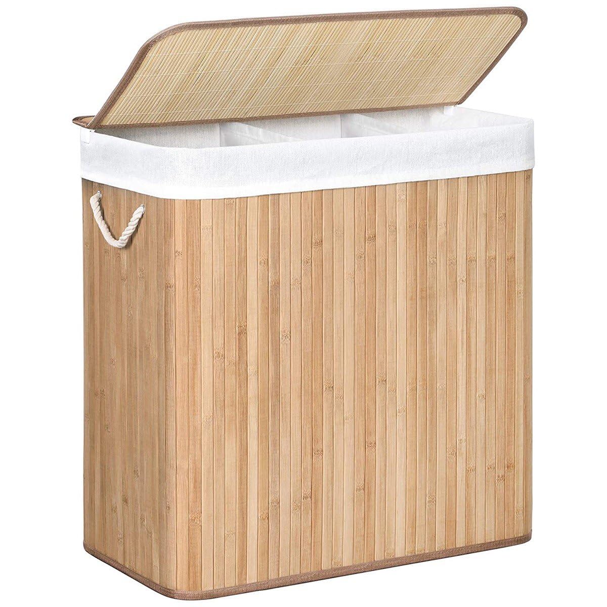 SONGMICS çamaşır sepeti, çamaşır toplayıcı, bambudan yapılmış, kulplu çamaşır sandığı, 3 bölme, klipsli kapak, 150 L, katlanabilir, çamaşır odası, yatak odası, banyo, doğal renk LCB091N01