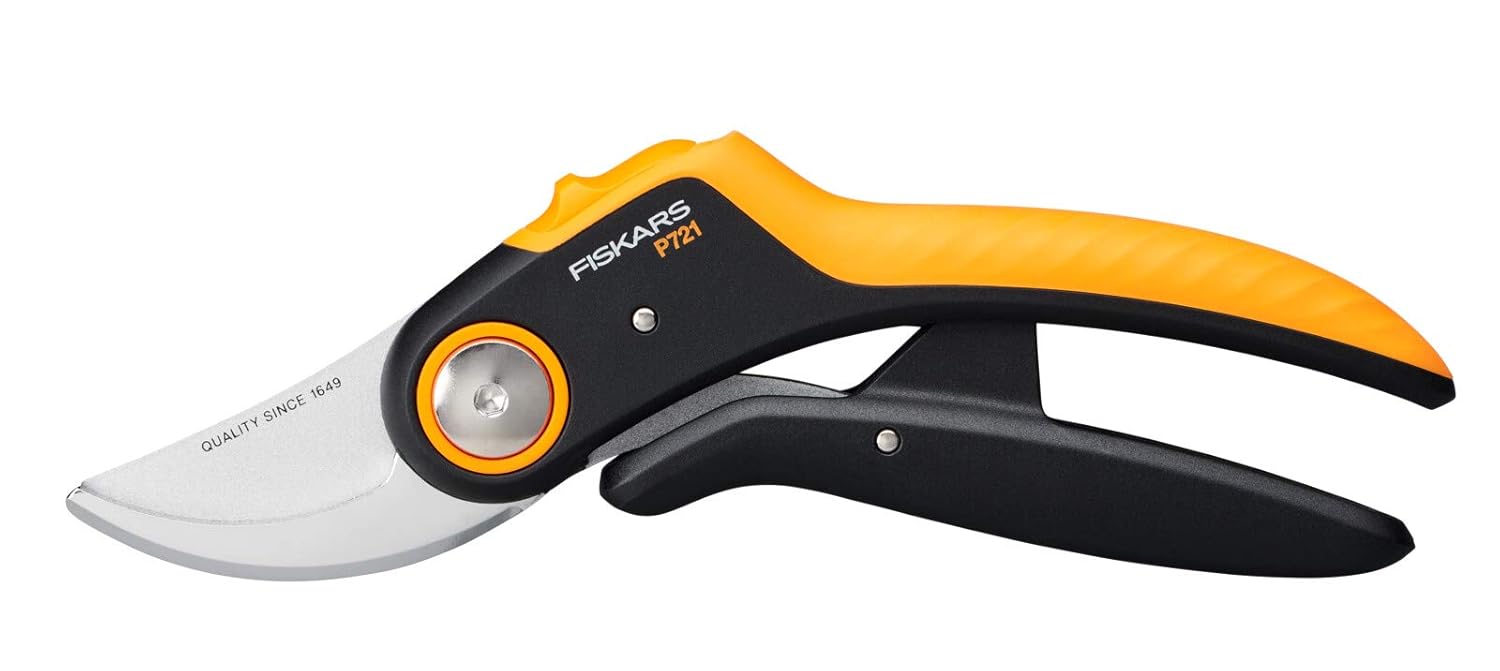 Fiskars Bahçe Makası Plus, PowerLever, P721, Taze dallar ve çalılar için, Yapışmaz kaplama, Paslanmaz çelik bıçaklar, Uzunluk: 21 cm, Siyah/Turuncu, 1057170