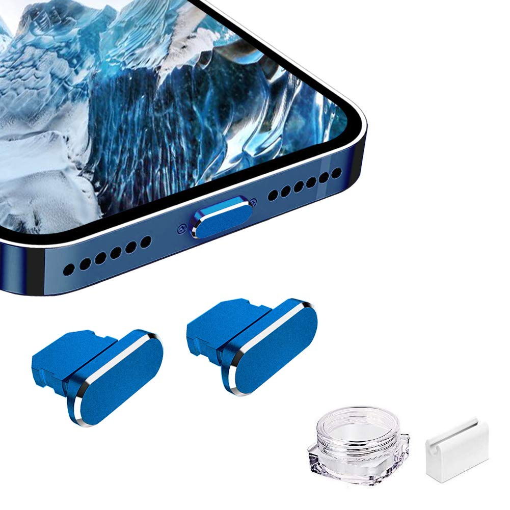 VIWIEU Metal Toz Önleyici Fiş iPhone 14 13 12 11 X XS XR 8 7 SE Mini Plus Pro Max iPad AirPods ile Uyumlu, 2'li Paket Yıldırım Şarj Portu Kapak Koruyucuları Fiş Tutucu ve Taşıma Kutusu (Mavi)