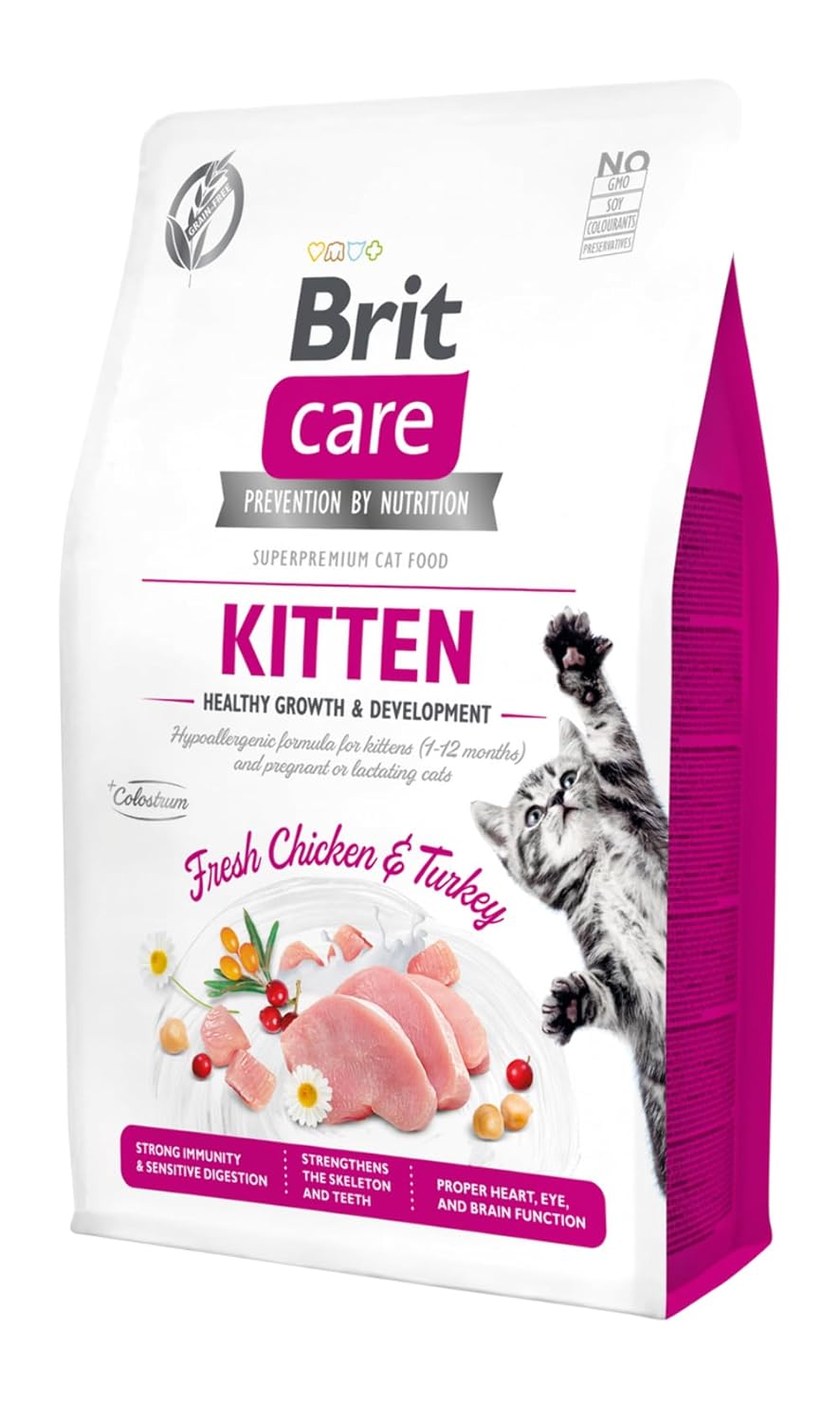 Brit Care Kitten Healthy gowth & Development, Yavru Kediler, Hamile Veya Emziren Kediler İçin, Tahılsız, Hipoalerjenik, Taze Tavuk Etli Ve Hindi Etli Kuru Mama, 2 kg
