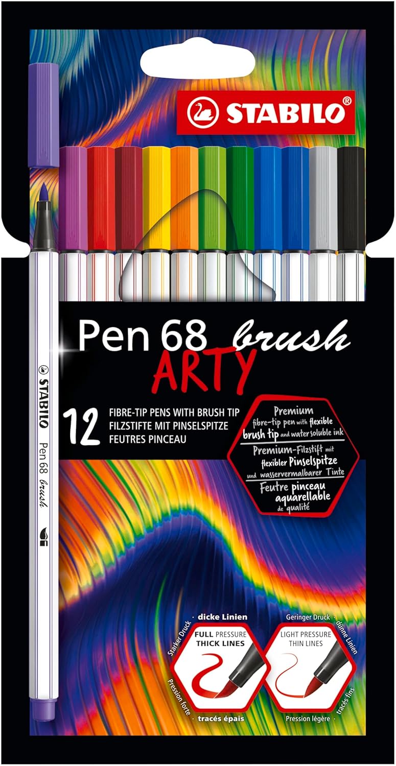 STABILO Pen 68 brush ARTY - Premium Keçeli Kalem - 12'li Paket - Çeşitli Renkler