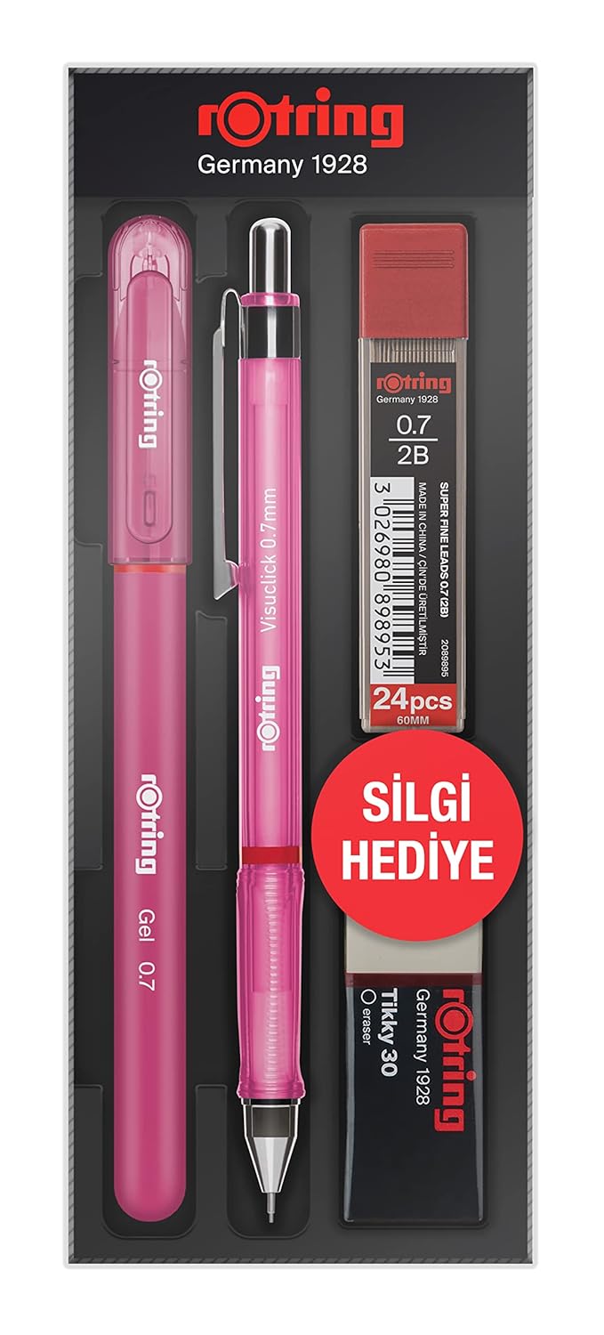 Rotring Visuclick Jel Okul Seti 0,7 mm, Mekanik Kurşun Kalem, Uç ve Silgi Seti, Pembe