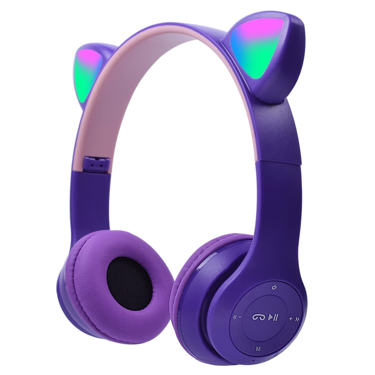 arVin Çocuk Kulaklığı, LED Parlayan Kedi Kulaklı, Mikrofonlu Takılabilir, TF Kartı, Katlanabilir Bluetooth Stereo Kulak Üstü Çocuk Kulaklıkları-Mor