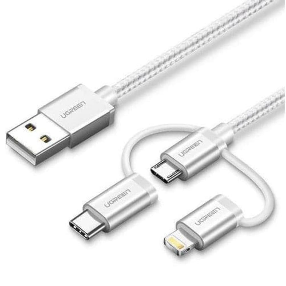 Ugreen 3'ü 1 Arada iOS Lightning Type-C Micro USB Şarj ve Data Kablosu Gümüş 1 Metre