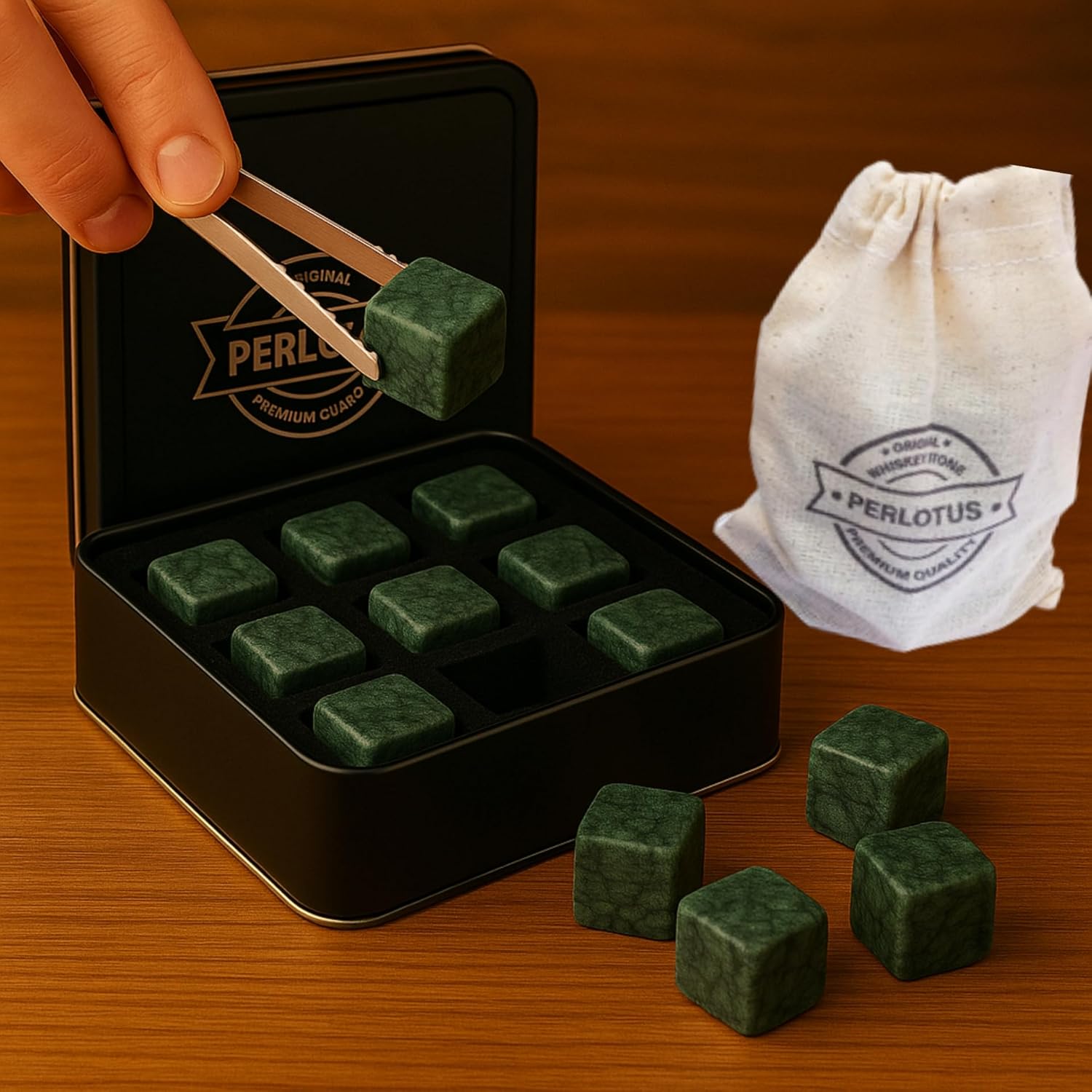 Perlotus Granit Eskitme Viski Taşı Metal Kutulu, Doğal, Sulandırmadan Soğutur (9 Adet) Yeniyıl Yılbaşı Hediye