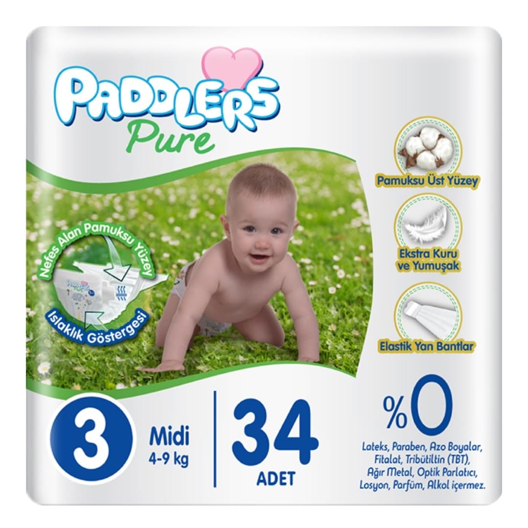 Paddlers Pure Bebek Bezi 3 Numara Midi 34 Adet (4-9 kg) Eko Paket
