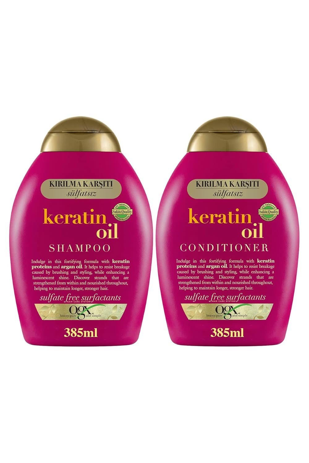 ogx keratin oil kırılma karşıtı sülfatsız 385 ml şampuan + 385 ml saç kremi 2'li set