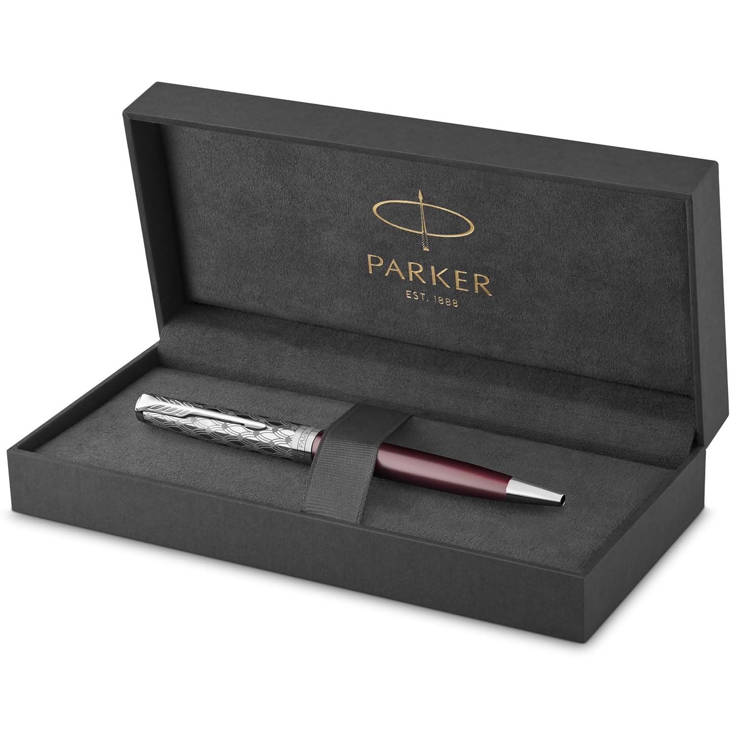 PARKER Sonnet tükenmez kalem hediye kutusu, Premium metal, siyah mürekkepli orta uç, Kırmızı saten krom kaplama