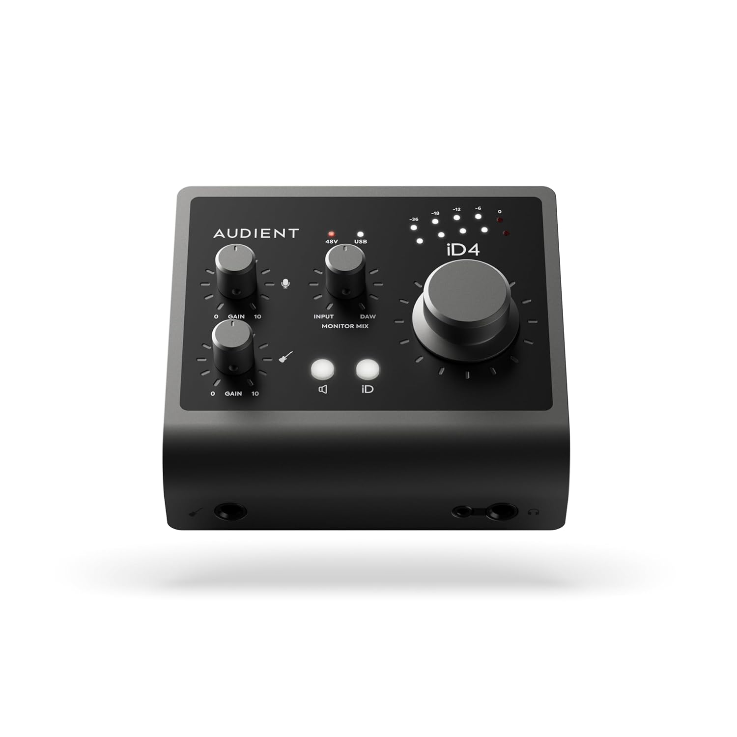 Audient Ses arabirimi iD4 MKII, Class A konsol mikrofon ön amplifikatör (yüksek hızlı USB-C, monitör karışımı ve monitör panning fonksiyonu, 2 kulaklık çıkışı, Mac/PC/iOS uyumlu), siyah, iD MKII