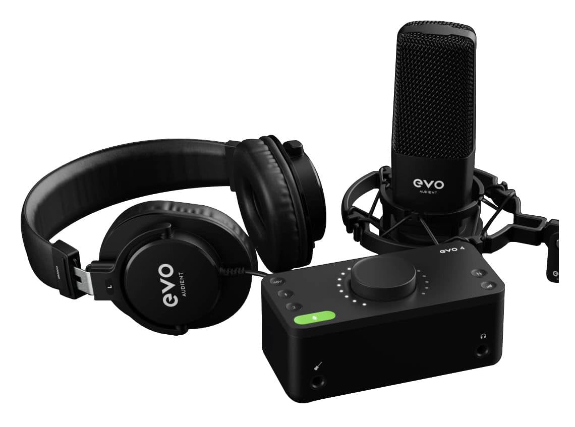 Audient EVO Start Recording Bundle (EVO 4 ses kartı, SR1 geniş diyaframlı kondenser mikrofon, SR2000 kapalı stüdyo kulaklıkları, mikrofon shock mountu ve XLR bağlantı kablosu), Siyah