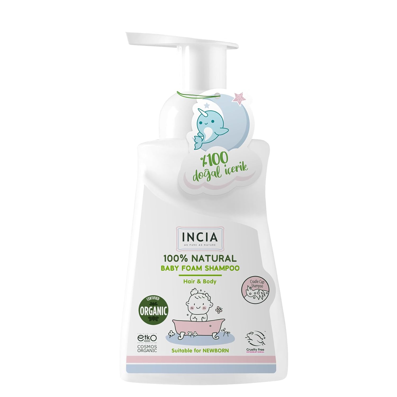 INCIA%100 Doğal Organik Sertifikalı Bebek Köpük Şampuanı Saç Vücut Lavanta Konak Önleyici Yenidoğan 200 ml