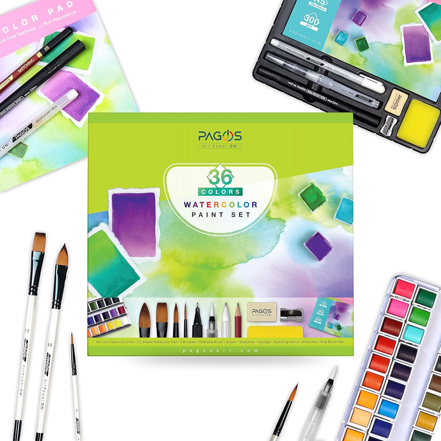 PAGOS Sulu boya seti, profesyonel 36 sabit pigment boyama kutusu, yüksek pigmentasyon, sanatçılar, öğrenciler, yetişkinler için 12 sulu boya kağıdı