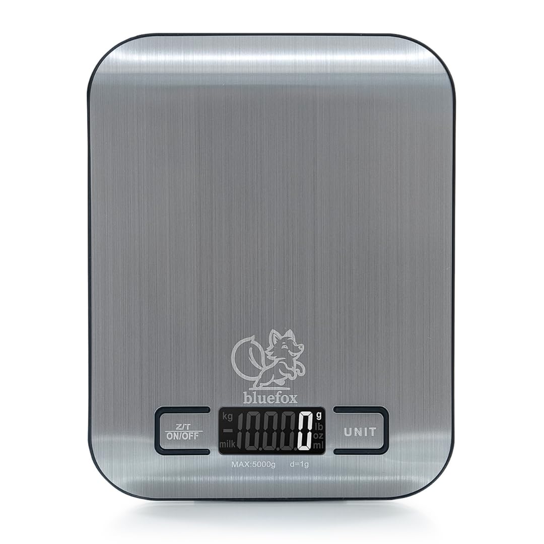 Bluefox Dijital Mutfak Terazisi - Paslanmaz Çelik Yüzeyli Hassas Mutfak Tartısı - Dara İşlevi, LED Ekran, 5 Birim Dönüştürme ve Otomatik Kapanma Özellikli - 5 kg Tartı Kapasitesi