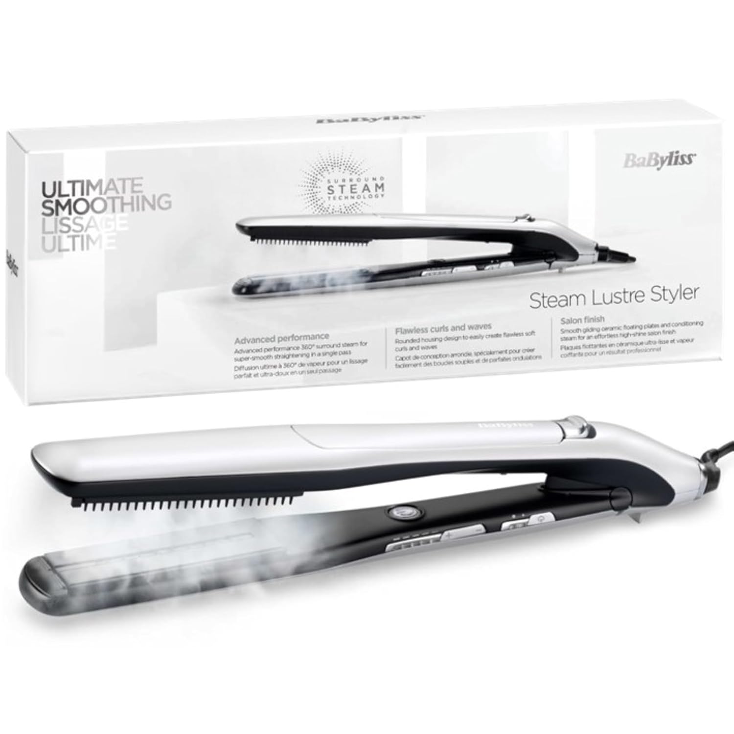 BaByliss Buharlı Saç Şekillendirici Steam Lustre Styler, 36mm Seramik Plaka, Gelişmiş 360 ° Surround Buhar Teknolojisi, ST595E