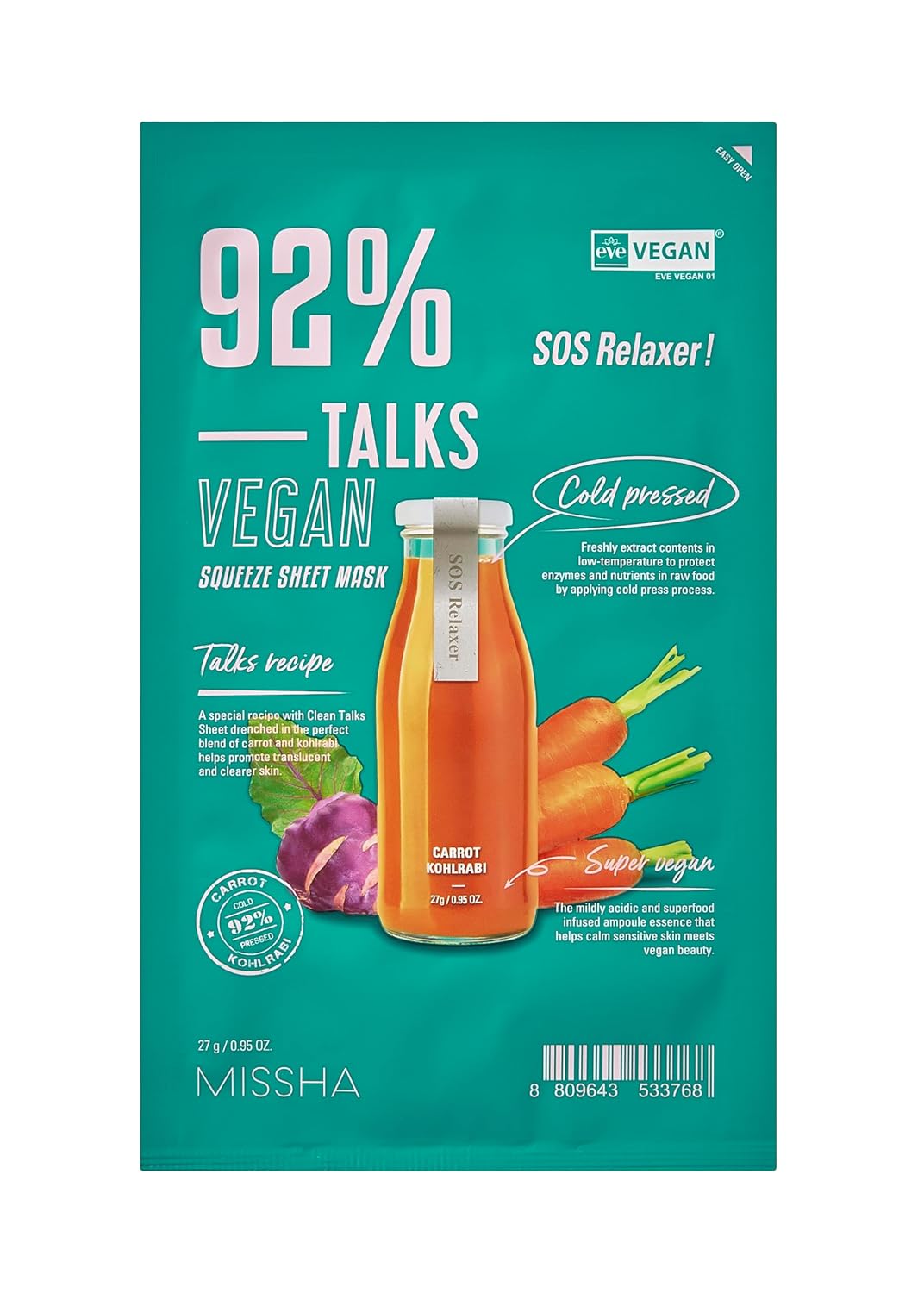 MISSHA Hassas Ciltler İçin Stres Karşıtı Vegan Yaprak Maske Talks Vegan Squeeze Sheet Mask (Sos Relaxer)
