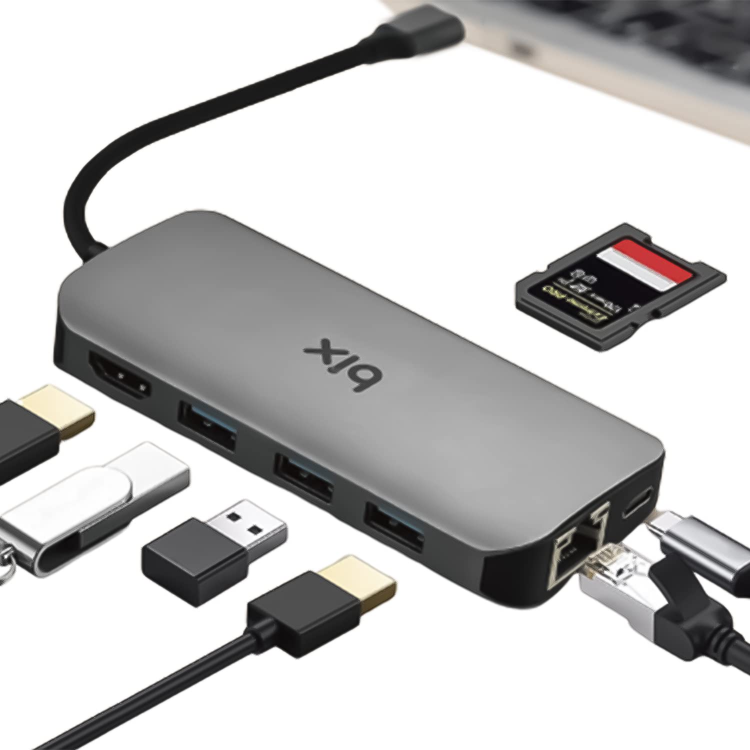 Bix BX10HB 8'i1 Arada Type-C Hub 4K@30Hz HDMI Bağlantı, 100W PD Güç Dağıtımı C Tipi Şarj Bağlantı No