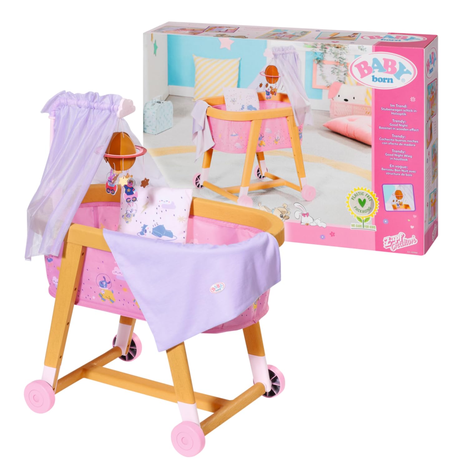 BABY born 829981 Good Night Beşiği 43 cm Bebekler İçin Küçük Eller İçin Kolay, Yaratıcı Oyun Empati ve Sosyal Becerileri Destekler, 3 Yıl ve Üstü Yatak Takımları, Mobil ve Kanopi Dahil