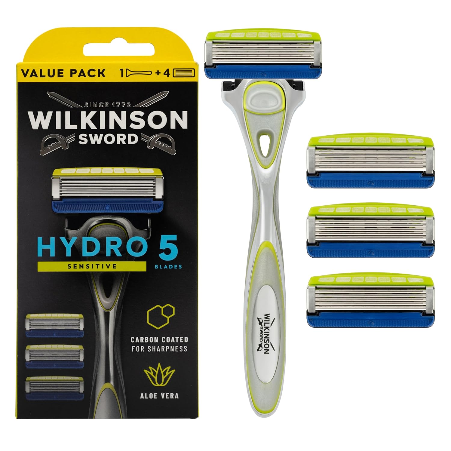 WILKINSON SWORD - Hydro 5 erkek tıraş makinesi | Aloe Vera tahrişi azaltmak için | hassas nemlendirici jel ve düzeltici | tıraş makinesi + 3 yedek bıçak