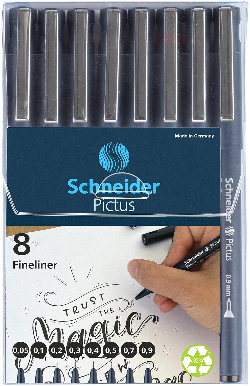 Schneider Pictus Fineliner (8 farklı çizgi kalınlığı: 0,05 – 0,9 mm) siyah, 8'li kutu