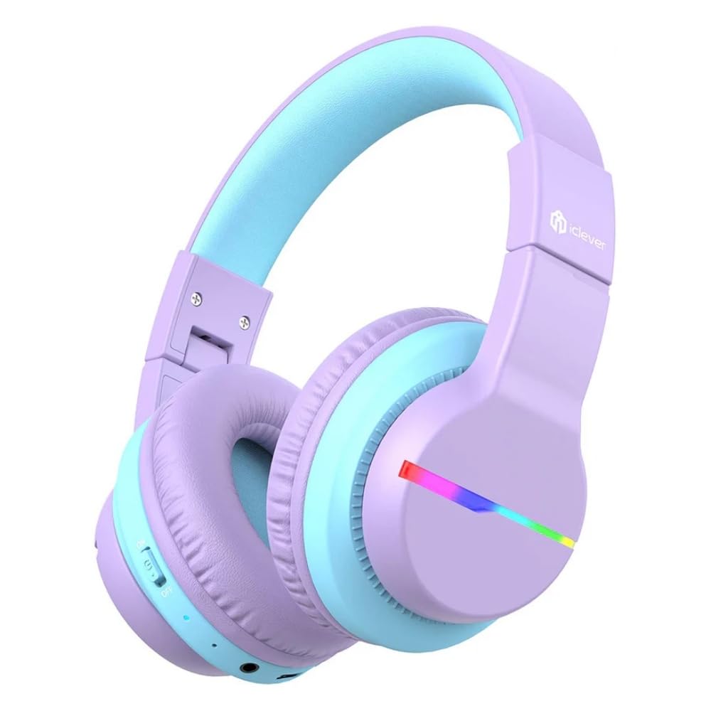 iClever Led Işıklı Güvenli Ses Sınırlı 85 Saat Oynatma Süreli Bluetooth Çocuk Kulaklığı Lila Mavi