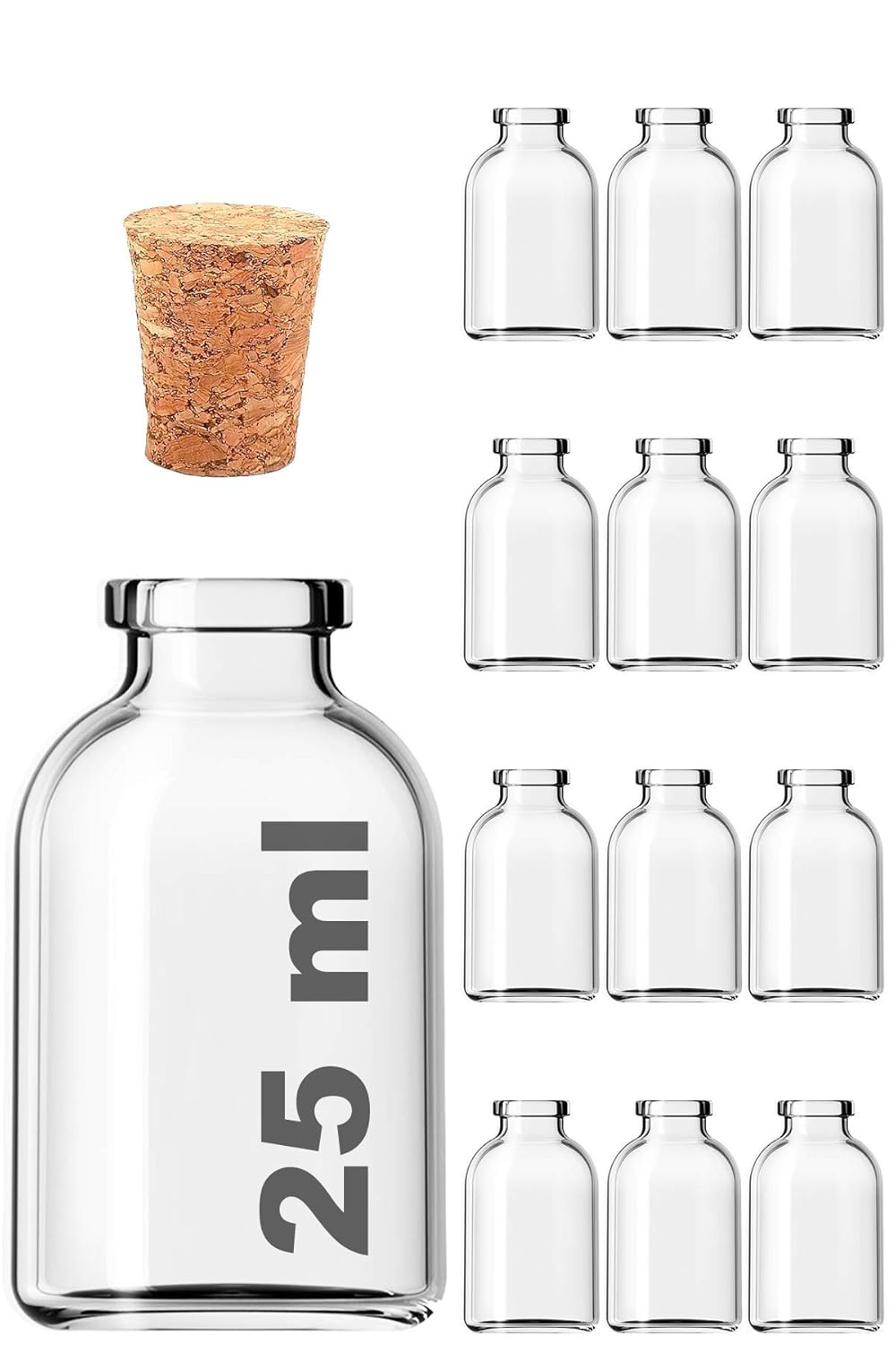 Afracam Şeffaf 25 ml / 25 cc Mantar Tıpalı Boş Cam Şişe 12 Adet