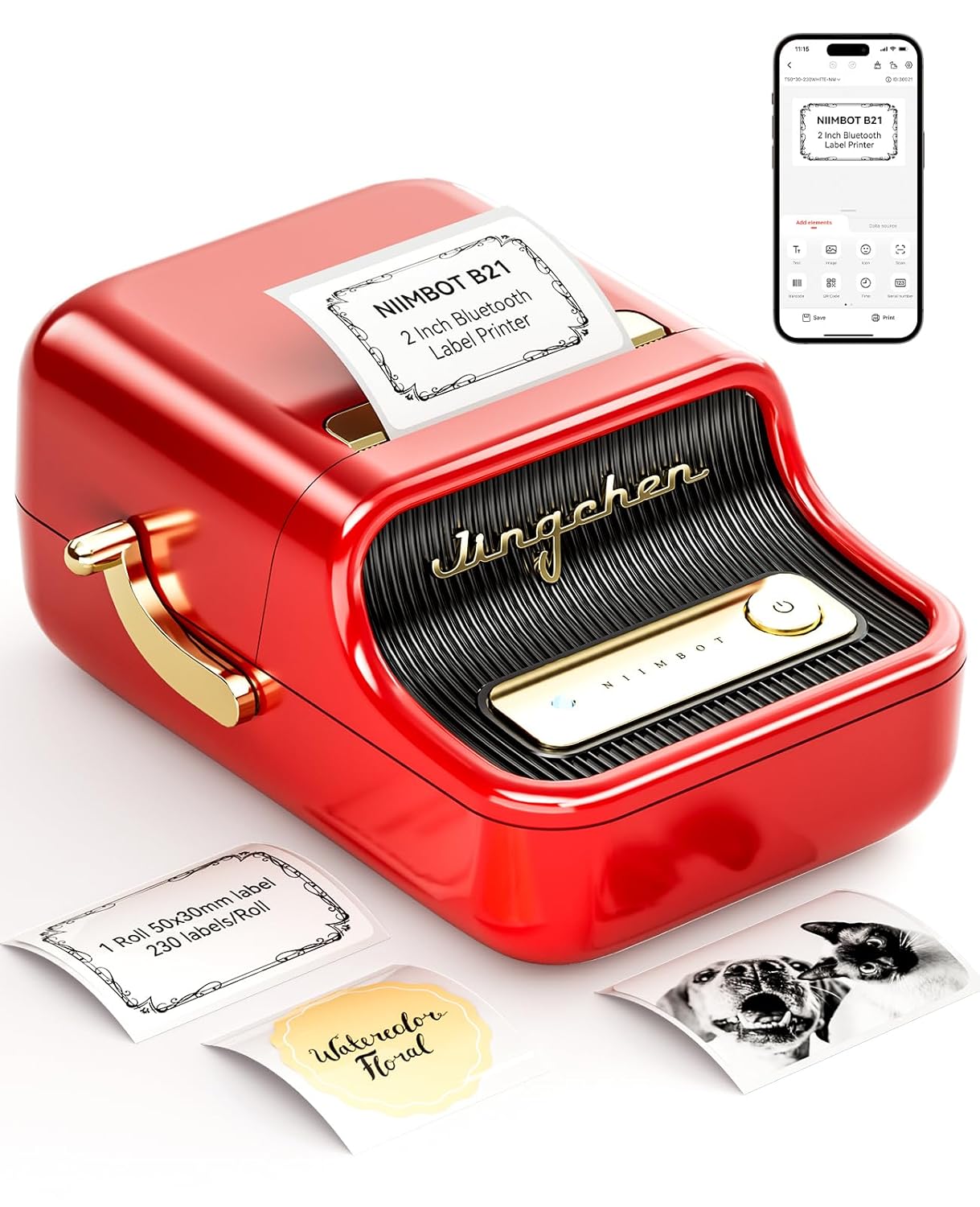NIIMBOT B21 Etiket Makinesi Mürekkepsiz Bluetooth Etiket Yazıcısı, Küçük İşletmeler için 2 İnç Taşınabilir Termal Yazıcı, Adres, Logo, Giyim, Posta, Mumlar, Takı, Hediye için Etiket Yazıcısı, Kırmızı