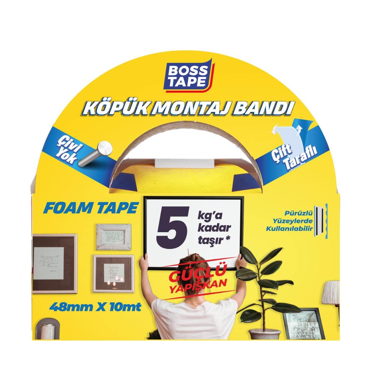 Boss Tape Çift Tarafli Köpük Aksesuar Montaj Bandi 5 kg, 48 mm x 10 Metre Boyut