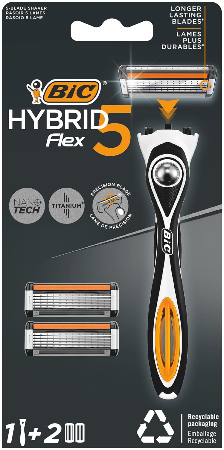 BIC Hybrid 5 Flex Erkek Tıraş Bıçağı 1 Sap ve 2 Yedek Başlık (5 Bıçak), 5 Nano Teknolojik Titanyum Bıçak, E Vitamini ile Zenginleştirilmiş Geniş Kayganlaştırıcı Bant